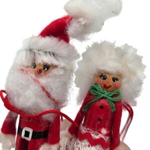 Vintage Clothespin Santa and Mrs Claus Christmas Ornaments Set of 2 Hand painted